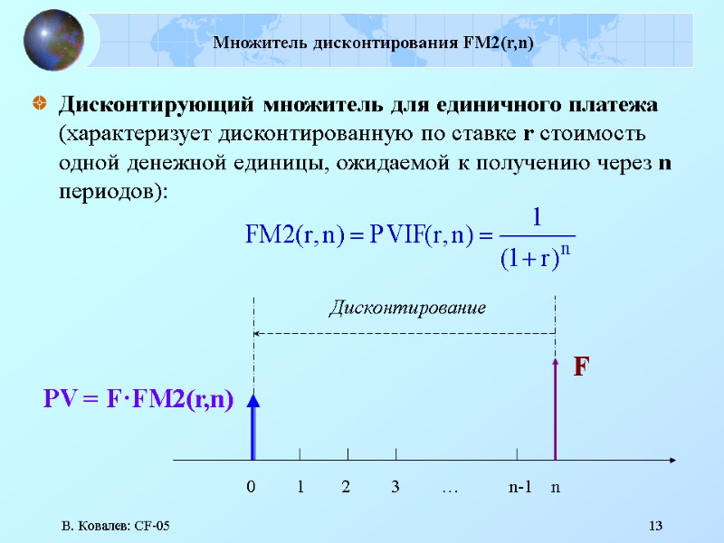 В. Ковалев: CF-05 13 Множитель дисконтирования FM2(r,n) Дисконтирующий множитель для единичного платежа (характеризует дисконтированную